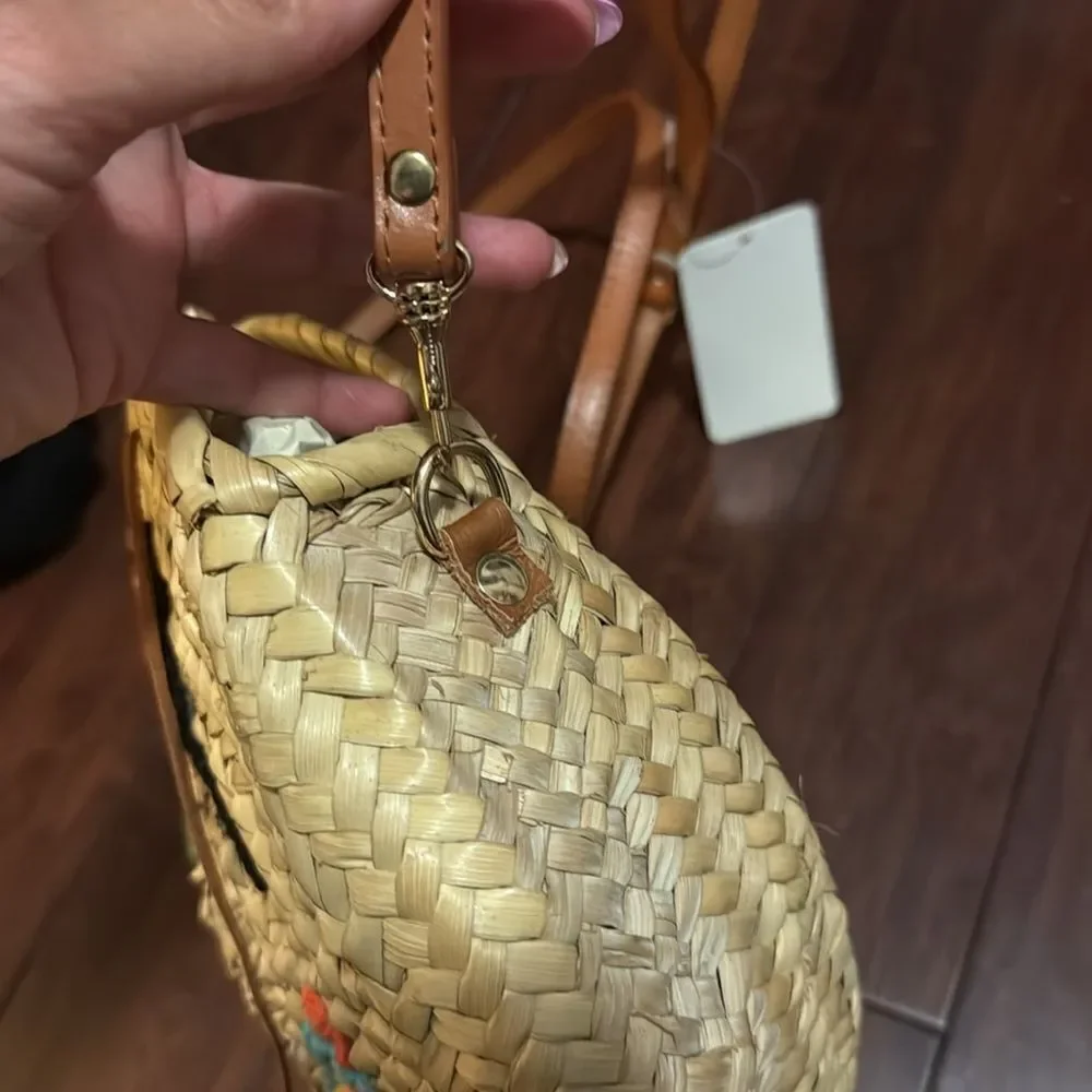 Embroidered Straw Crossbody Bag HANDMADE - Leather Strap - NEW